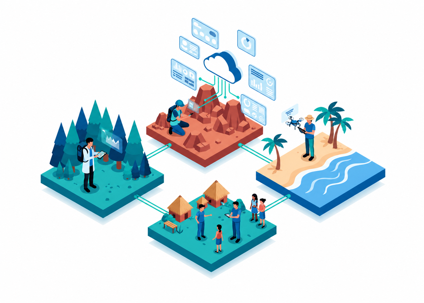 Ilustración de equipos recolectando datos en diferentes terrenos